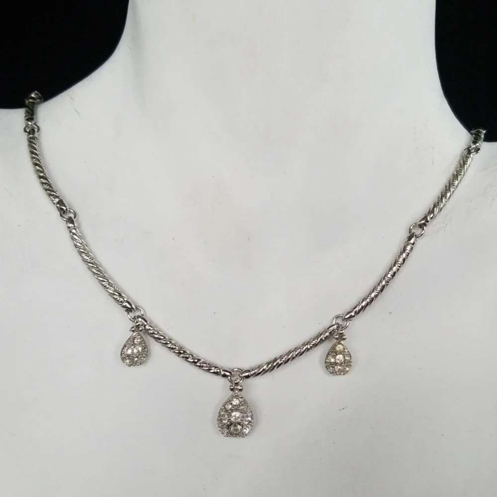Vintage NOLAN MILLER Raindrop Pave' Rhinestone Silver Plated Necklace EUC